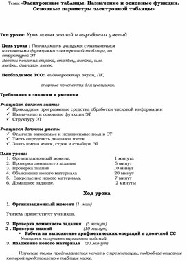Обложка для материала Электронные таблицы. Назначение и основные функции. Основные параметры электронной таблицы