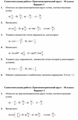 Самостоятельная работа по теме "Тригонометрический круг" 10 класс