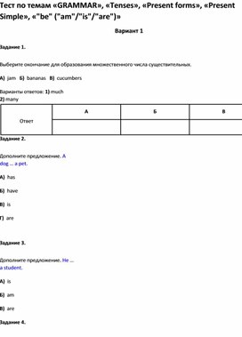 Обложка для материала Тест  «GRAMMAR», «Tenses», «Present forms», «Present Simple», «_be_ (_am___is___are_)»