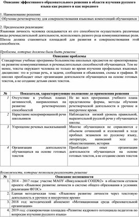 Описание эффективного образовательного решения в области изучения русского языка как родного и как неродного