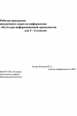 Обложка для материала Рабочая программа   внеурочного курса по информатике  «Культура информационной грамотности»   для 5 – 6 классов