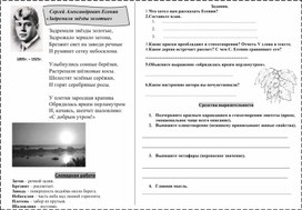 Рабочий лист по литературному чтению в 3 классе по теме "С.Есенин "Задремали звёзды золотые"