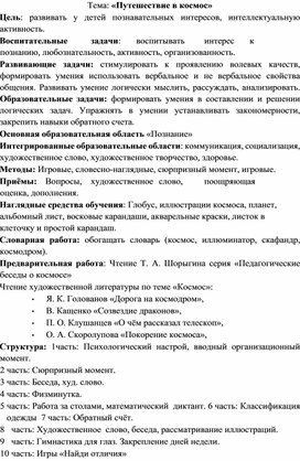 ООД на тему: "Путешествие в космос" для детей 6 лет