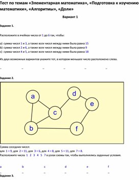 Тест по темам «Элементарная математика», «Подготовка к изучению математики», «Алгоритмы», «Доли»