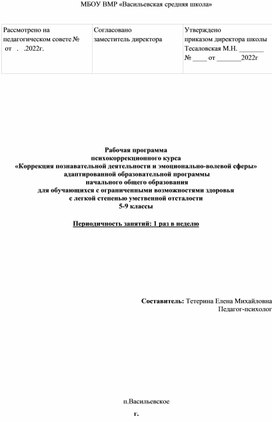 Рабочая программа коррекционного курса для обучающихся 5-9 классов с легкой степенью УО "Коррекция познавательной деятельности и эмоционально- волевой сферы"