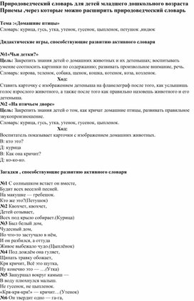 Природоведческий словарь для детей младшего дошкольного возраста  Приемы ,через которые можно расширить природоведческий словарь