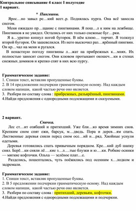 Контрольное списывание за 1 полугодие по русскому языку 4 класс