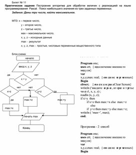 Обложка для материала Билет № 11 Практическое задание Построение алгоритма для обработки величин с реализацией на языке программирования  Pascal.  Поиск наибольшего значения из трех заданных переменных.