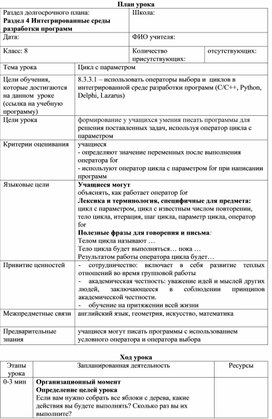 Информатика_8 класс_Цикл с параметром_План урока