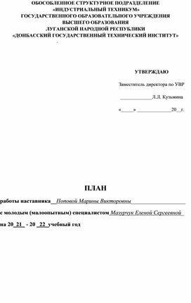 Обложка для материала Шаблон Плана работы наставника с молодым/малоопытным специалистом
