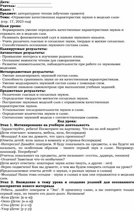 Обложка для материала Поурочное планирование по теме "тражение качественных характеристик звуков в моделях слов" (1 класс)