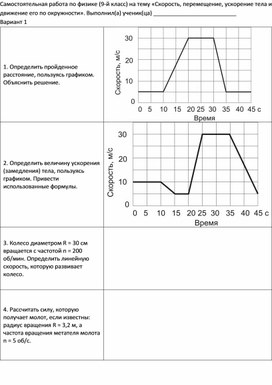 Самостоятельная работа по физике 9 класс. Скорость, ускорение, вращение.