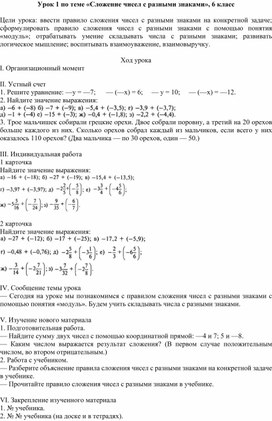 Обложка для материала Урок по теме «Сложение чисел с разными знаками», 6 класс
