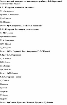 Дидактический материал по литературе