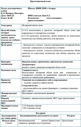 Краткосрочный план урока "Молярный объем газов"