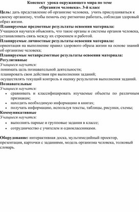 Конспект  урока окружающего мира по теме «Организм человека». 3-й класс