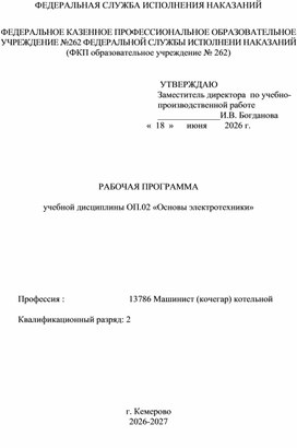 Обложка для материала Рабочая программа по дисциплине Основы электротехники для специальности Кочегар