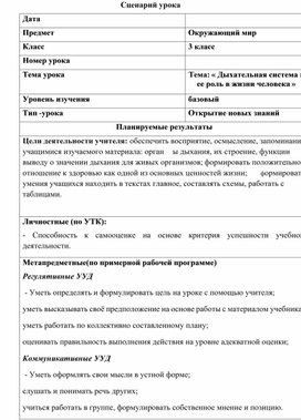 Конспект урока  по теме:Тема: « Дыхательная система и ее роль в жизни человека