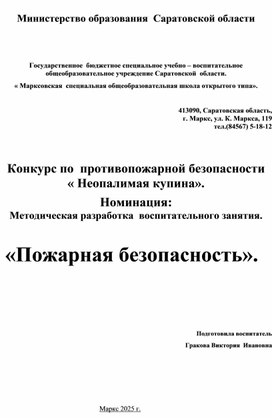 Обложка для материала Методическая разработка "Пожарная безопасность"