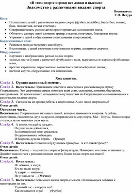 Конспект занятия «В этом спорте игроки все ловки и высоки» Знакомство с различными видами спорта.