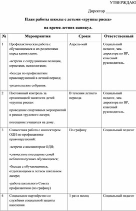 План работы на лето с детьми группы риска в школе