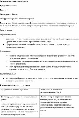 Технологическая карта урока по биологии в 7 классе  на тему Птицы