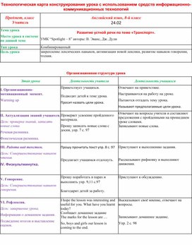 Технологическая карта Английский язык, 8-й класс Развитие устной речи по теме «Транспорт».