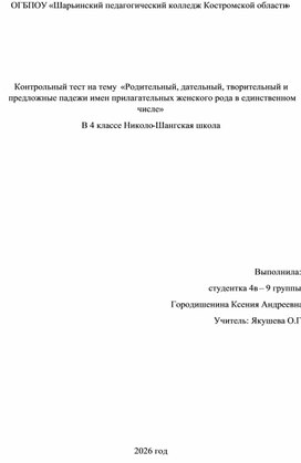 Обложка для материала Контрольный тест на тему  «Родительный, дательный, творительный и предложные падежи имен прилагательных женского рода в единственном числе»