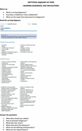 Обложка для материала Карточка-задание по английскому языку на тему «NURSING DIAGNOSES: SELF-MUTILATION»