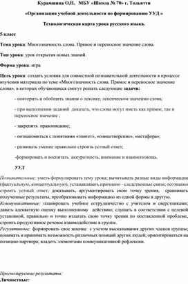 Технологическая карта урока для 5 класса. "Многозначность слова".