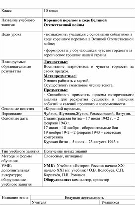 Технологическая карта урока "Коренной перелом в Великой Отечественной войне"