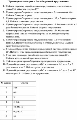 Тренажёр по теме: "Равнобедренный треугольник и его свойства"