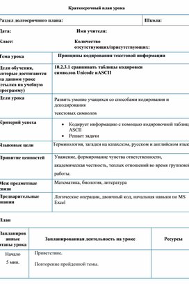 Обложка для материала Принципы кодирования текстовой информации  Краткосрочный план
