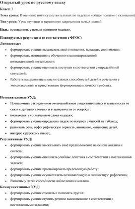 Урок по русскому языку в 3 классе на тему:"Изменение имён существительных по падежам