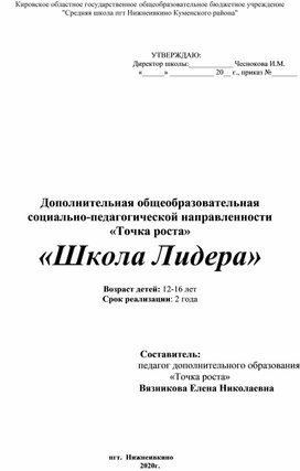 Дополнительная общеобразовательная  социально-педагогической направленности «Точка роста» «Школа Лидера»