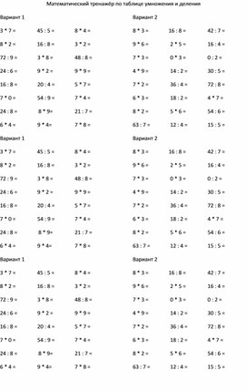 Математический тренажёр по таблице умножения и деления