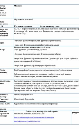 1Қысқа мерзімді жоспар_10кл_Кері функция ұғымы