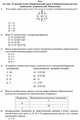 Тестовая работа с ответами по теме Строение атома.