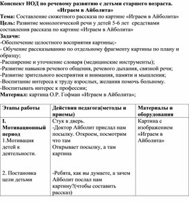 Конспект НОД по речевому развитию с детьми старшего дошкольного возраста Тема: Составление сюжетного рассказа по картине «Играем в Айболита