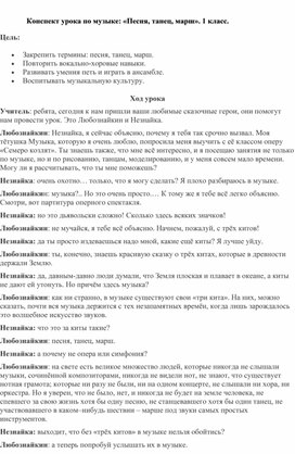 Обложка для материала Конспект урока по музыке: «Песня, танец, марш». 1 класс.