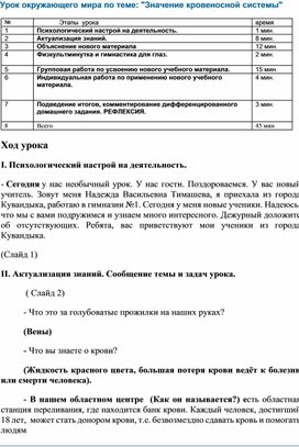 Конспект урока окружающего мира по теме "Значение кровеносной системы", 4 класс