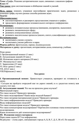 Обложка для материала Урок по информатике на тему: «Графы. Решение алгоритмических задач, связанных с анализом графов»