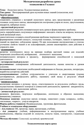 Технологическая карта урока технологии в 5 классе "Лоскутное шитье"