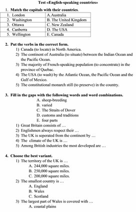 Тест по английскому языку на тему "Англоговорящие страны"