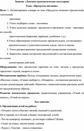 Занятие  (Лексико-грамматические категории) Тема: «Продукты питания».