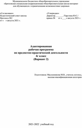 Адаптированная рабочая программа по предметно-практической деятельности 4г класс (Вариант 2).