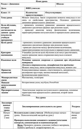 Обложка для материала План урока момент импулса