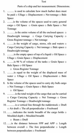 Test Parts of aship and her measurement. Dimensions