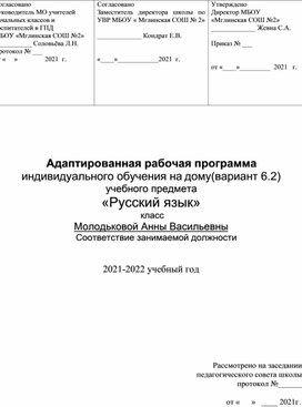 Адаптированная рабочая программа по русскому языку 2 класс вариант 6.2