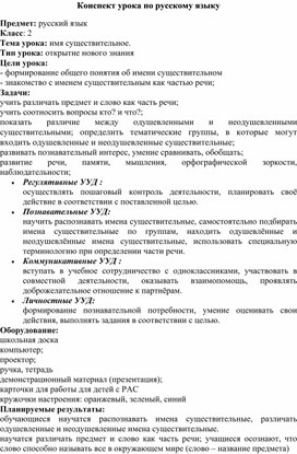 Конспект урока "Имя существительное" для детей с РАС